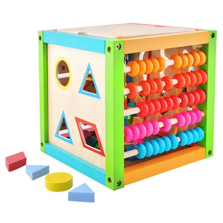Jucarie educationala, Luka, Lemn, 5 in 1, 21 x 20 x 20 cm, Multicolor