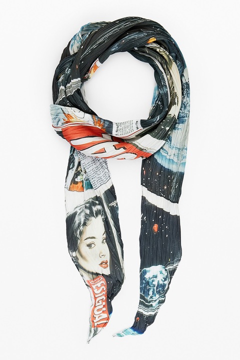 DESIGUAL, Esarfa in forma de romb cu imprimeu logo, Negru, Portocaliu mandarina, Albastru