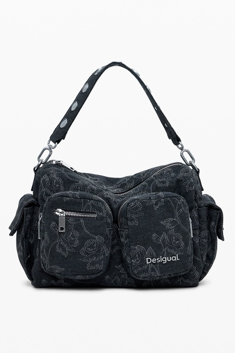 DESIGUAL, Geanta din material textil cu bareta de umar si broderie, Negru, Gri