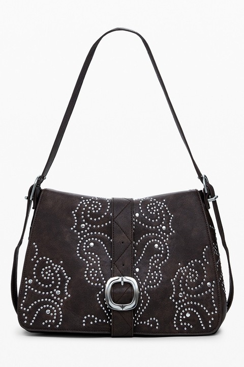 Desigual Műbőr válltáska, Szegecses díszítéssel, Sötétbarna