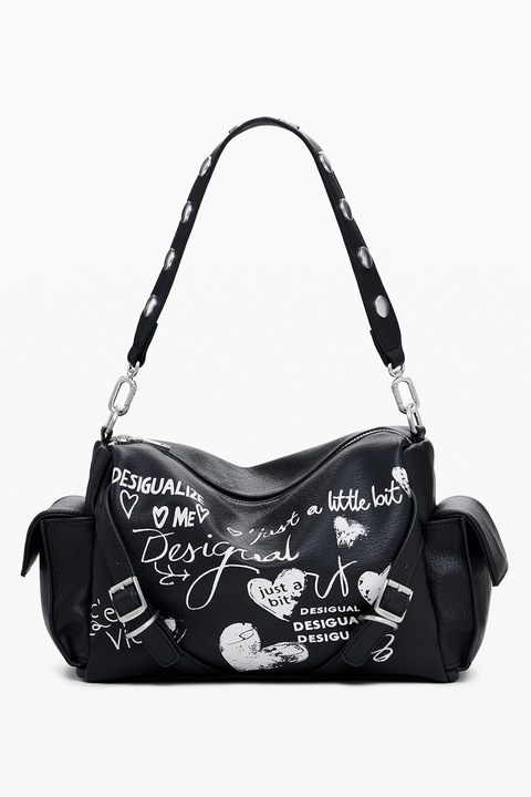 DESIGUAL, Geanta din piele ecologica cu bareta de umar si buzunare laterale, Alb, Negru