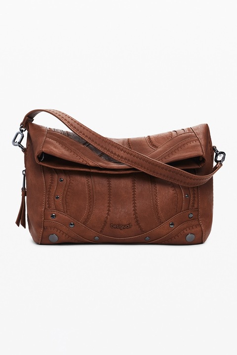 DESIGUAL, Geanta crossbody din piele ecologica cu aplicatii cu tinte, Maro scortisoara