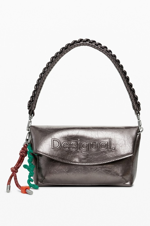 DESIGUAL, Geanta din piele ecologica cu bareta de umar si aspect metalizat, Argintiu