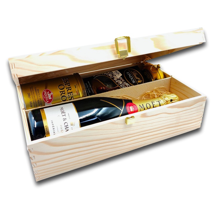 Pachet cadou elegant, CADOURI PREMIUM®, model Moet Delice, cu sampanie Moet, bomboane Lindt Lindor, ceai Kingsleaf, cafea Saquella Oro, toate ambalate in cutie de lemn pentru un aspect premium