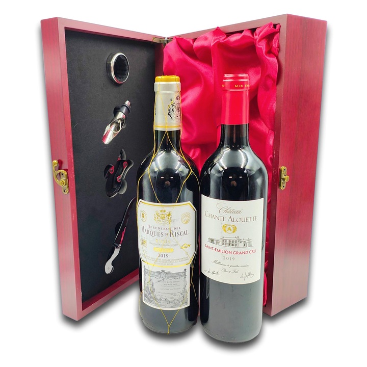 Pachet cadou de colectie, CADOURI PREMIUM®, model Colection 2019 Duo, cu doua vinuri premium produse de crame prestigioase din Franta si Spania