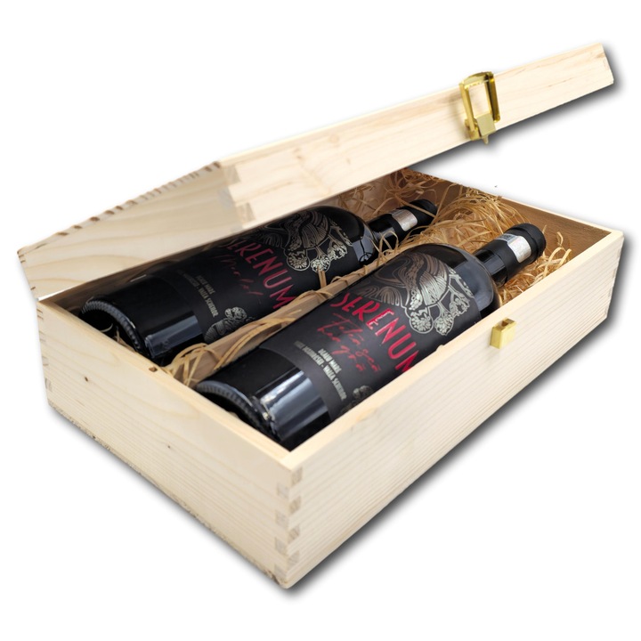 Pachet cadou special, CADOURI PREMIUM®, model Serenum Duo, cu vinuri romanesti editie limitata Feteasca Neagra si Merlot, ambalate in cutie din lemn natur