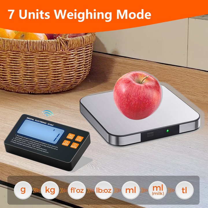 Електронен кухненски кантар безжичен разделен, MOSMAOO®, С голям LCD дисплей, Преносим, Висока точност 1 г, Електронен кухненски кантар 33lb/15kg, Функция ТАРА, Прецизен, Сребрист/Черен