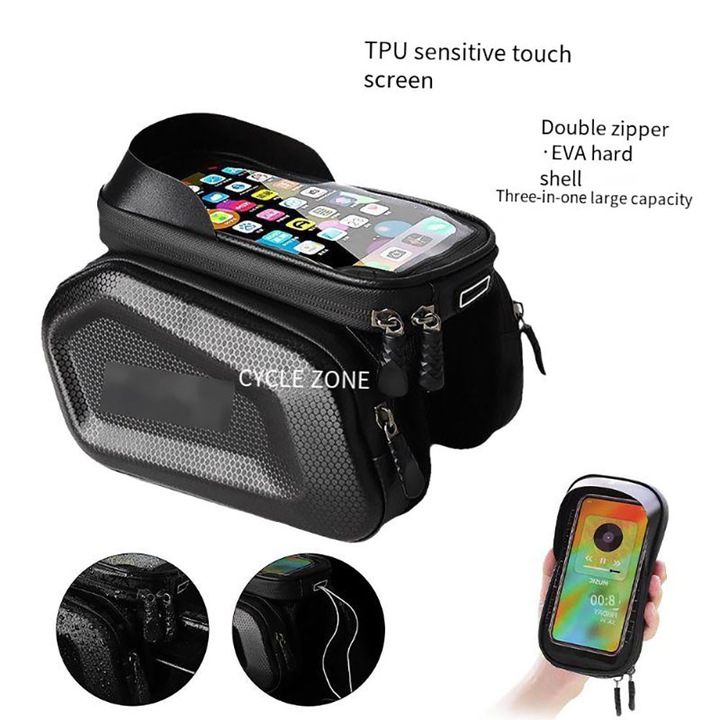 Pachet pentru biciclete, cu suport pentru telefon mobil, carcasa pentru telefon mobil rezistenta la apa, maner si scaun pentru montare in cadru, semn reflectant, inclusiv cablu de priza 3,5 mm, spatiu de stocare de 2 l, EVA， negru