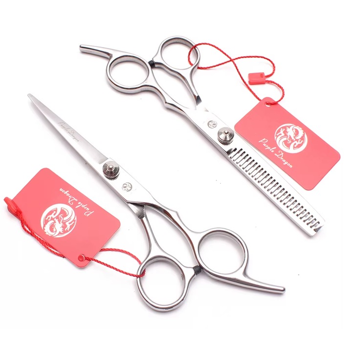 Set foarfeci frizerie/coafor Purple Dragon Z1001, otel inoxidabil, 6 inch, 2 unitati, trusa de transport