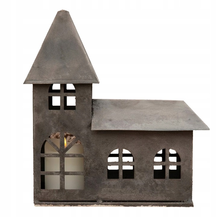 Suport metalic pentru lumanari, Skandi, in forma de biserica, culoare bronz, 31x13,5x33cm