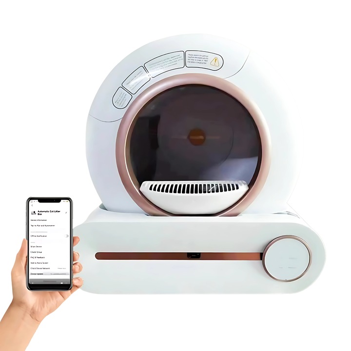 Litiera automata smart pentru pisici cu sistem de curatare automatizat, senzor gravitational, eliminare mirosuri si control complet din aplicatie, perfecta pentru mentinerea igienei fara efort in casele cu una sau mai multe pisici
