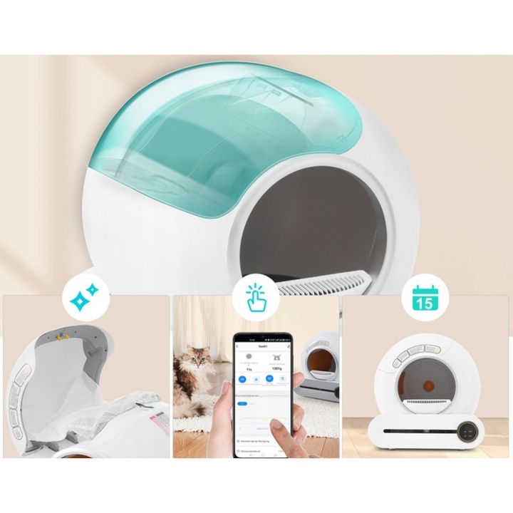 Litiera automata smart pentru pisici cu sistem de curatare automatizat, senzor gravitational, eliminare mirosuri si control complet din aplicatie, perfecta pentru mentinerea igienei fara efort in casele cu una sau mai multe pisici