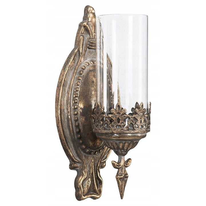 Suport lumanari suspendat, metalic, sticla, stil retro, vechi aur, 26x11x10cm