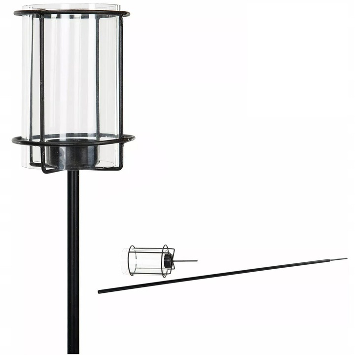 Suport lumanari, Skandi, lampion gradina, metal si sticla, transparent si negru, 8,5x12,5cm, 105cm