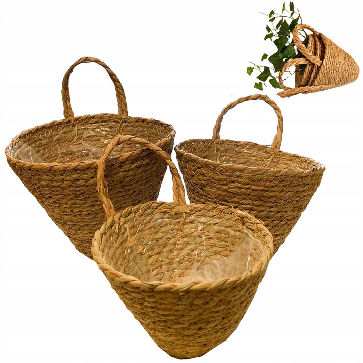 Set 3 ghivece suspendate Boho, natural, 25x32cm, 22,5x26cm, 20x22cm