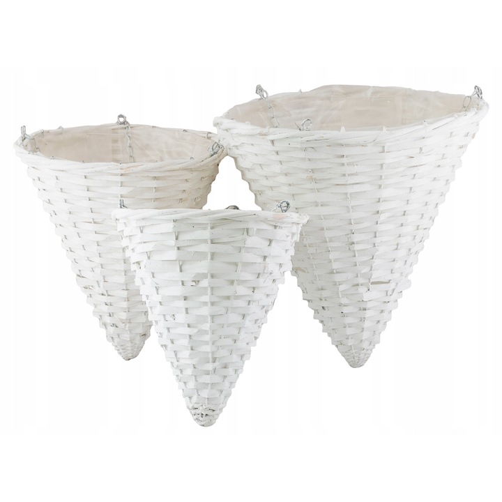 Set 3 ghivece suspendate din lemn, Skandi, alb, dimensiuni: 32x32cm, 28x26cm, 24x22cm