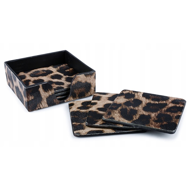 Skandi italtartó szett, 4 darabos, leopárdmintás, 10x10cm, tartóval