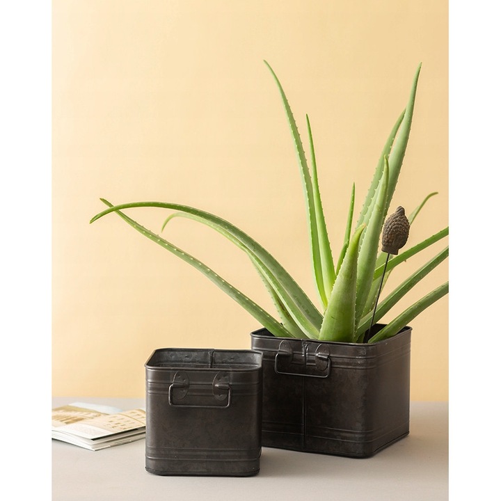 Комплект от 2 метални саксии Luke, лофт стил, черни, 21x21x17см, 16x16x15см