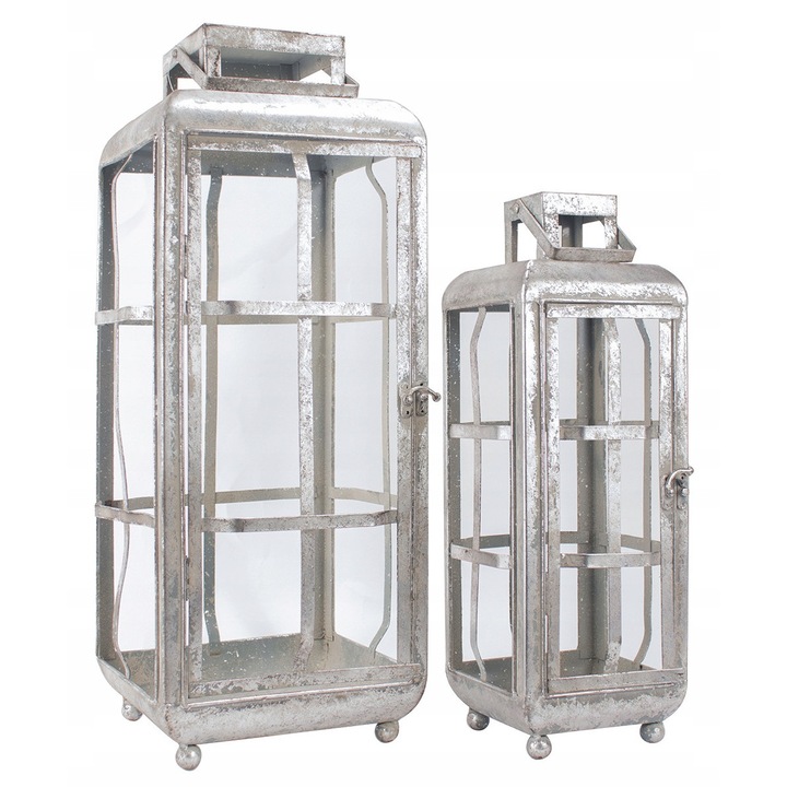 Set 2 suporturi lumanari metalice Finna, stil loft, argintii, 14.5x14.5x47cm si 21x21x63cm