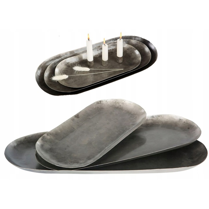 Set 3 suporturi lumanari metalice, stil loft, argintii, 50x22x3cm, 45x18x3cm, 36x16x2cm