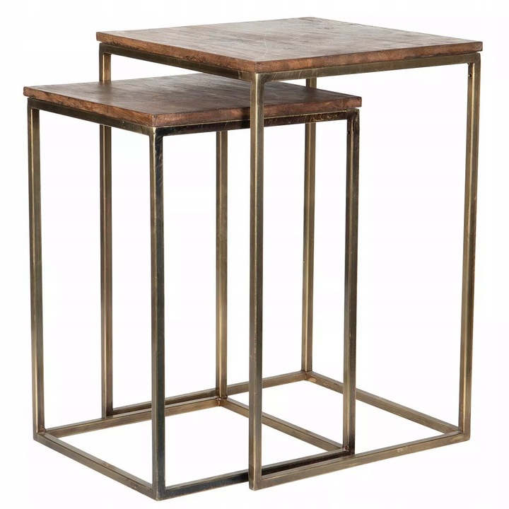 Комплект от 2 масички за кафе, Skandi, мангово дърво, метална основа, естествен цвят, размери: 35,5x35,5x52,5 см и 30,5x30,5x46,5 см