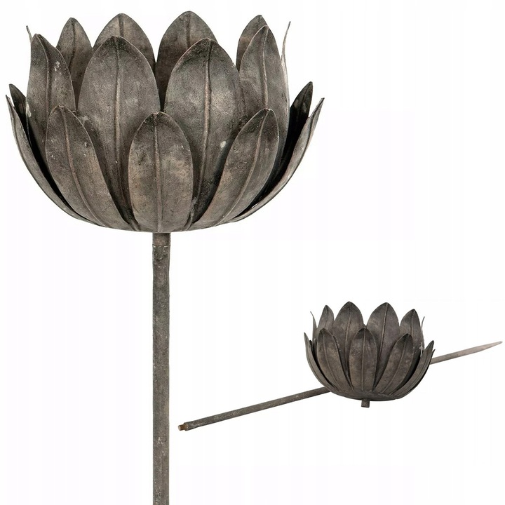 Suport lumanari metalic, design floare, 20x20cm, 70cm, bronz antic