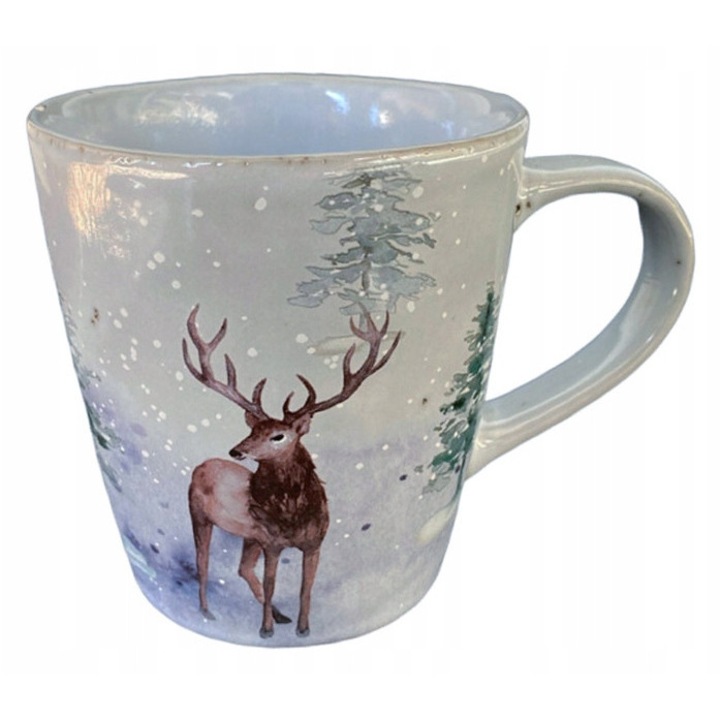 Cana ceramica cu ren, 330ml, gri, dimensiuni 9x9.5x13cm, set de iarna, pictata manual