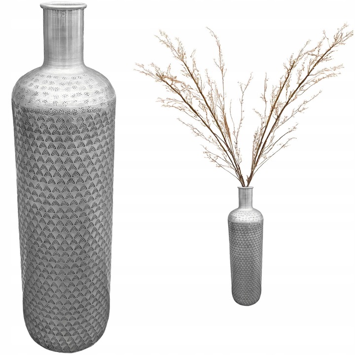 Vaza decorativa inalta Skandi, metalica, 54cm, argintie, pentru ramuri uscate