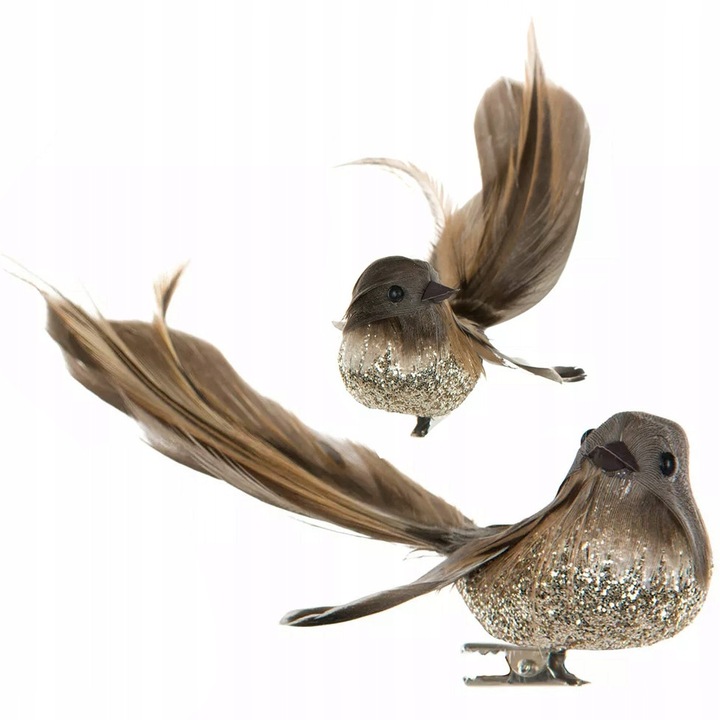 Decoratiune pasare Skandi cu clema naturala maro 13x3x3cm