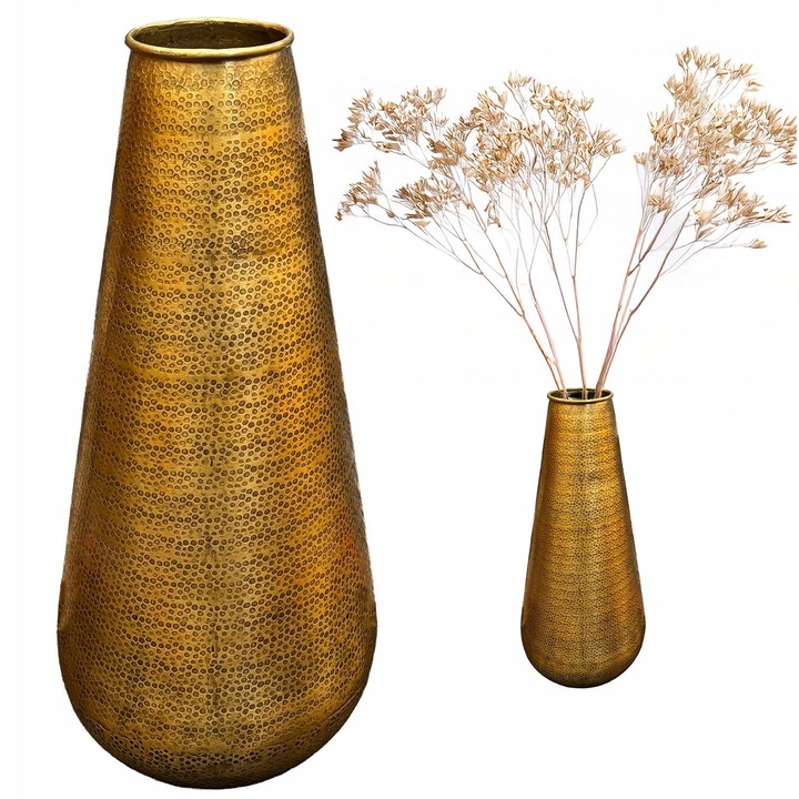 Vaza inalta metalica aurie, 48cm, pentru flori si ramuri, design loft