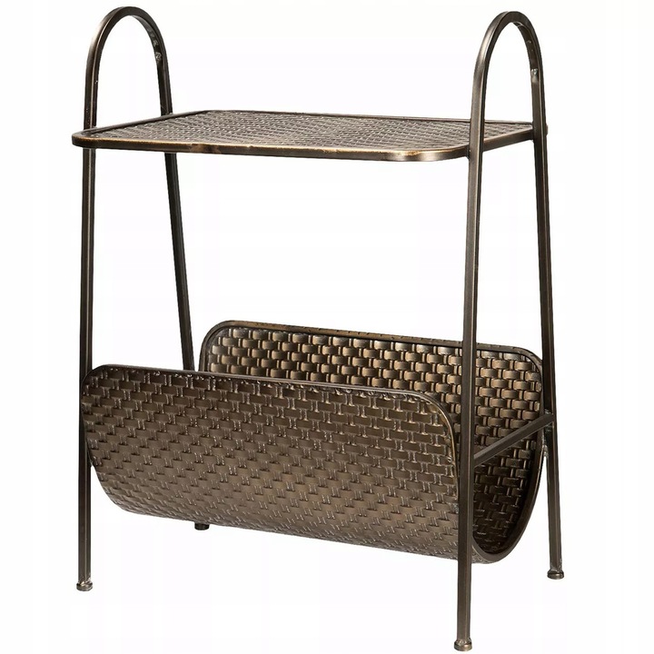 Mese laterala cu gazetnik, Skandi, 53,5x35x70,5cm, metal, auriu vechi, stil loft