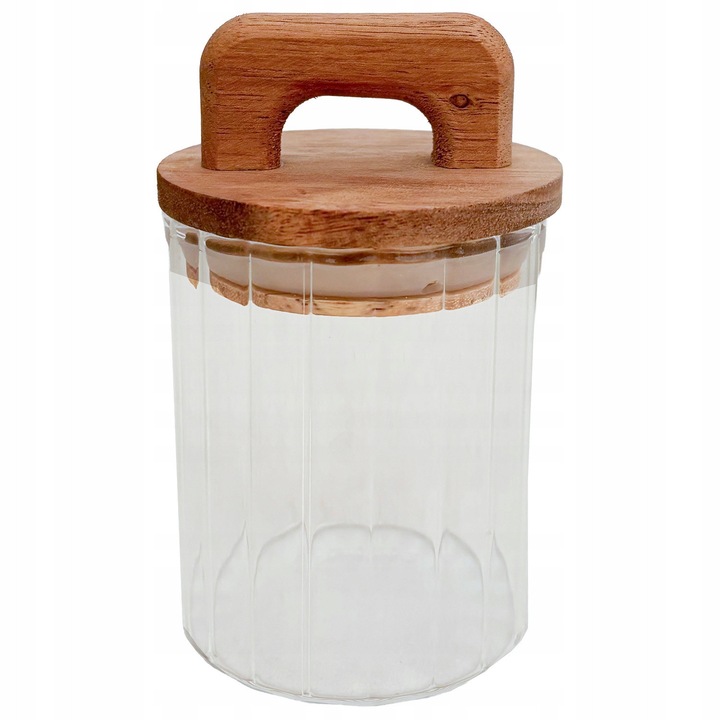 Borcan cu capac, Skandi, 200ml, sticla transparenta, lemn natural, 6,5x10cm