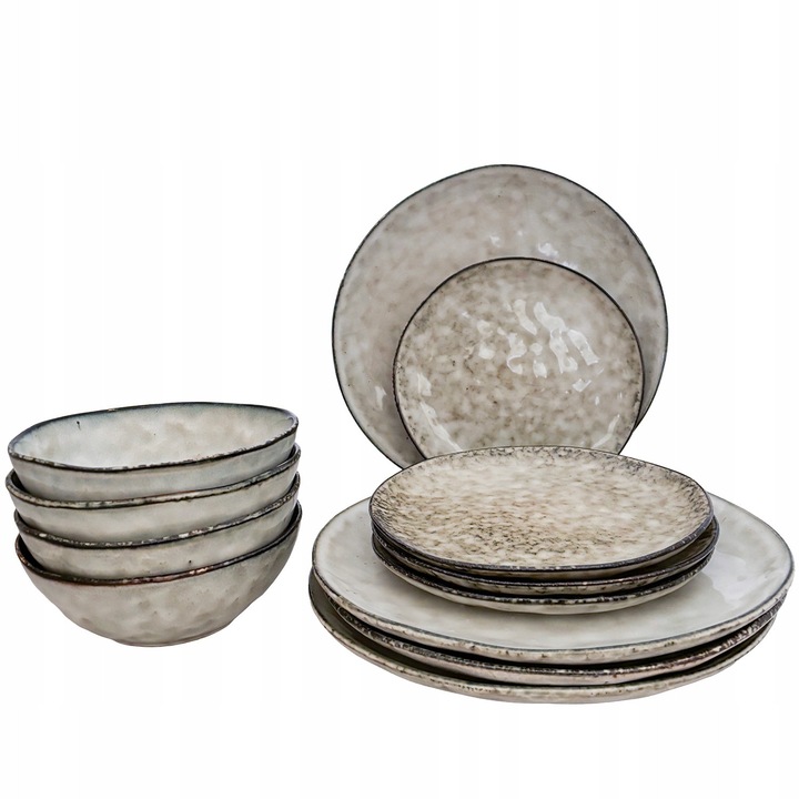 Set servicii de masa 12 piese, Skandi, ceramica, 4 farfurii, 4 boluri, gri