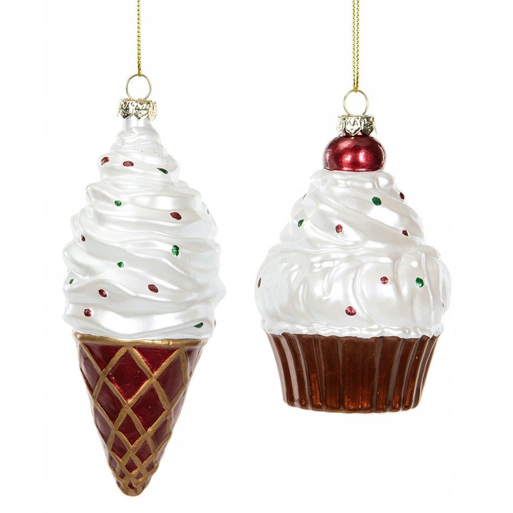 Set globuri de Craciun, Skandi, bomba cu forma de prajitura si inghetata, plastic, 10x6,5cm si 13x5,5cm