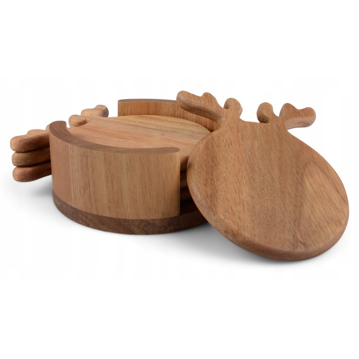 4 darabos Skandi üveg alátét szett állvánnyal, natúr fa, 13x10,5x1cm, 12,5x5cm, barna