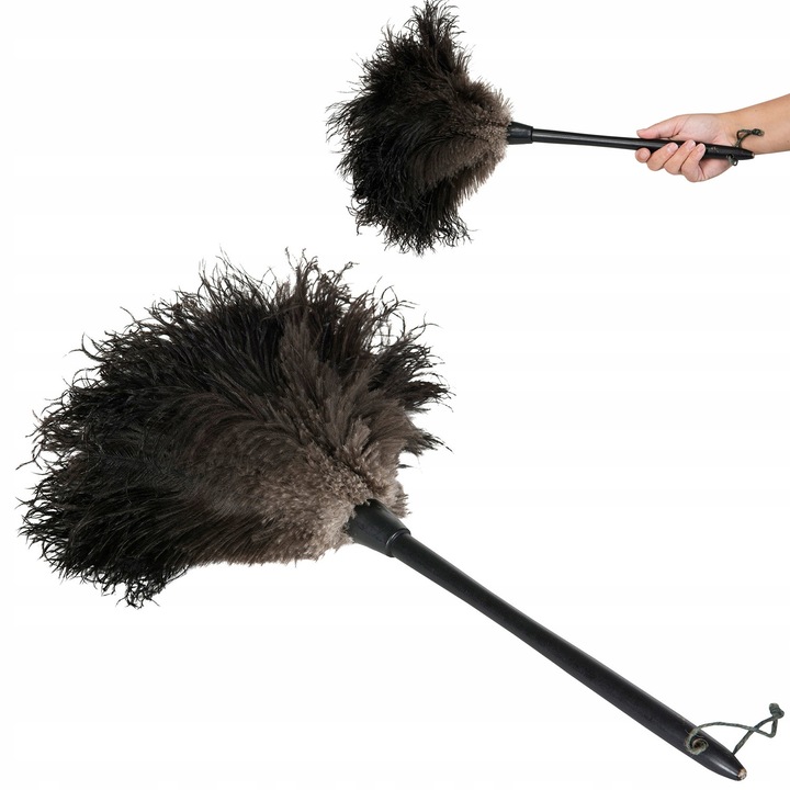 Mop din pene de strut, Skandi, 56cm, maner din lemn, culoare neagra si gri