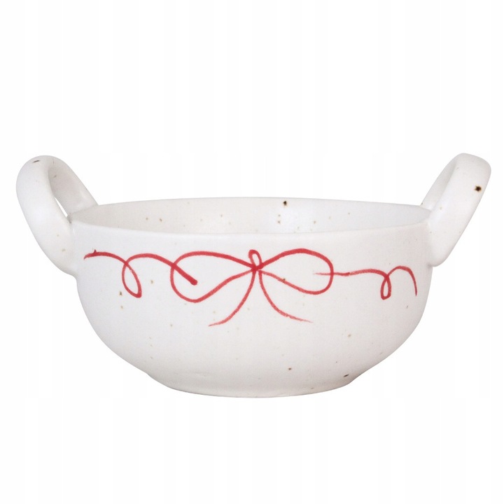 Tava de copt rotunda din ceramica, Skandi, 450ml, alb cu fundita pictata manual, 20x14x8cm