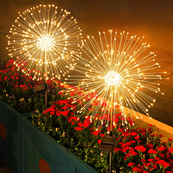 Napelemes lámpák kültéri kertbe, 2 db-os dekoratív napelemes kerti lámpa 120 meleg fehér LED-del kültéri használatra, 8 üzemmód, vízálló napelemes pitypang lámpák, napelemes kerti lámpák dugaszolható csatlakozóval ösvényekre, napelemes kerti lámpák