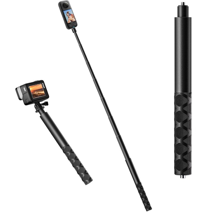 Selfie Stick Invizibil Super Trends® 22.5-120 cm Din Aliaj De Aluminiu, Selfie Stick Insta360 Compatibil Cu X3 X2 One X One R, Selfie Stick Aluminiu Extensibil Cu Filet Standard, Suport Camera 360 Stabil Negru Lucios Pentru Filmari Profesionale