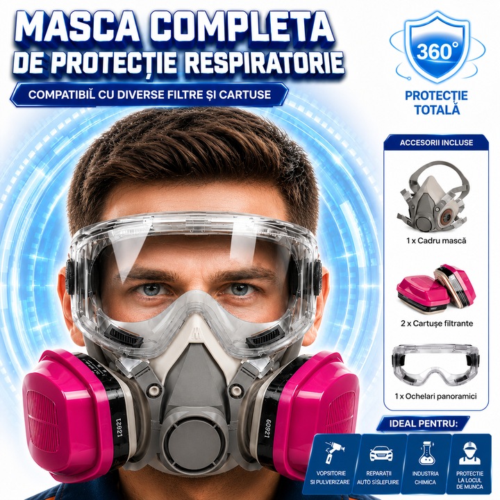 Set Ochelari si Masca de Protectie, Excitat®, reutilizabila, cu ochelari de protectie, O pereche de cartuse de filtru de gaz 60921, Dopuri de Protectie Impotriva Aburului, Vopselei sau Prafului, Roz/Gri