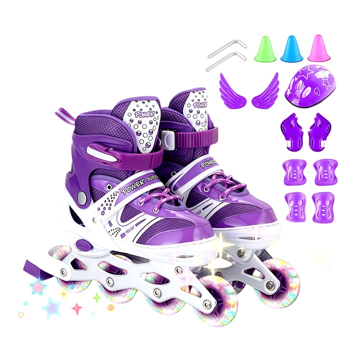 Állítható görkorcsolya gyerekeknek, Wacorresi, 4 egysoros világító szilikon kerékkel, térdvédőkkel, professzionális, vastagított ötvözetből készült tartóval, többszörös védelemmel, lélegző és eltömődésmentes anyag, S 26-32 méret, lila