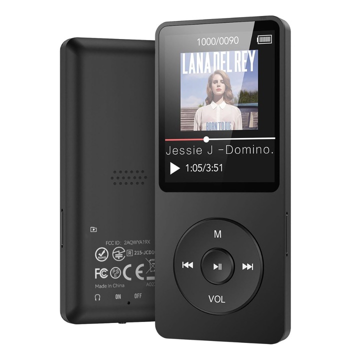 HIKIMODE hordozható MP3 lejátszó Bluetooth-szal, 1,8"-os képernyővel, akár 128 GB-os MicroSD kártyahellyel, FM rádióval, e-könyv olvasással, hangrögzítővel – ideális sporthoz és utazáshoz – fekete