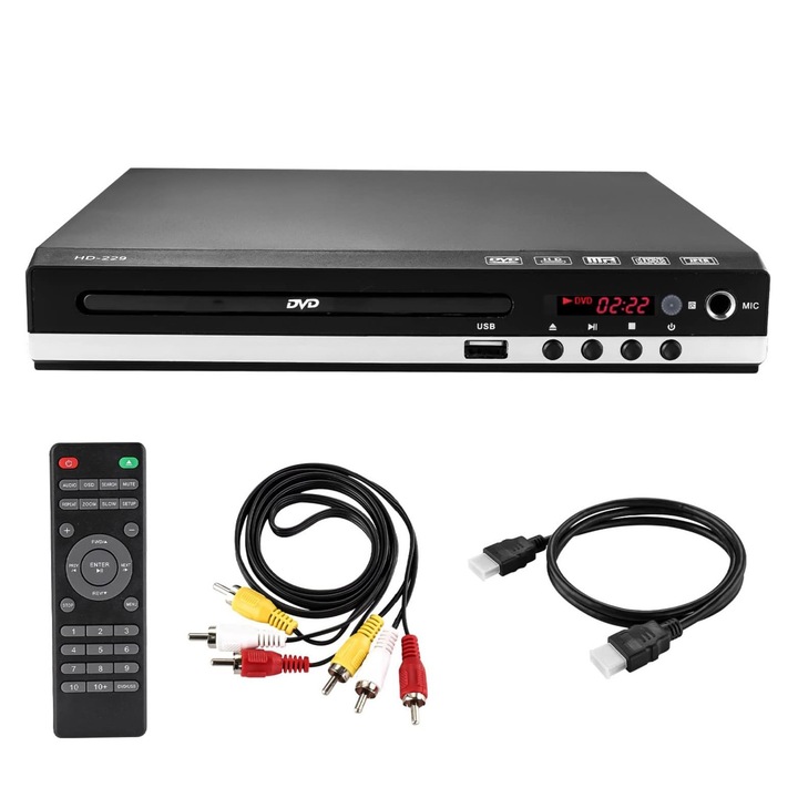 DVD-lejátszó, HD 1080P, VCD/CD/DVD, HDMI/AV, 22,5 × 19,5 × 4,7 cm, Fekete