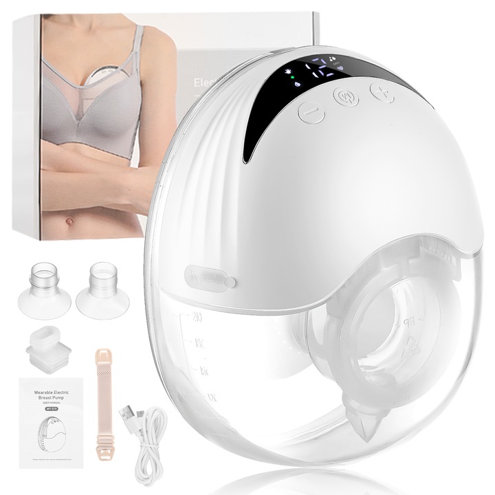 Електрическа помпа за кърма, с функция за масаж, 4 режима с 12 нива на интензивност, дискретна под сутиен, 210 мл, LED сензорен екран, бяла