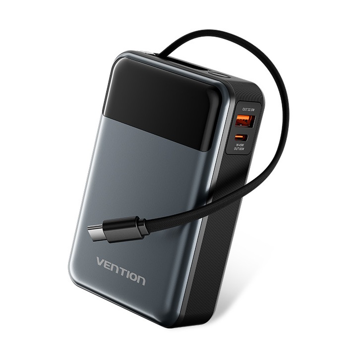 Baterie externa, VENTION, 20000mAh, vine cu cablu USB-C, 65W, afisaj digital, Incarcarea a 3 dispozitive simultan, Design cu franghie suspendata, negru