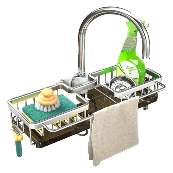 Suport de scurgere suspendat Forthcan, demontabil, din otel inoxidabil, cu tava de colectare a apei si carlige, suport pentru burete, organizator pentru chiuveta de bucatarie si baie gri argintiu, design integrat, Suport vase Aluminiu 1