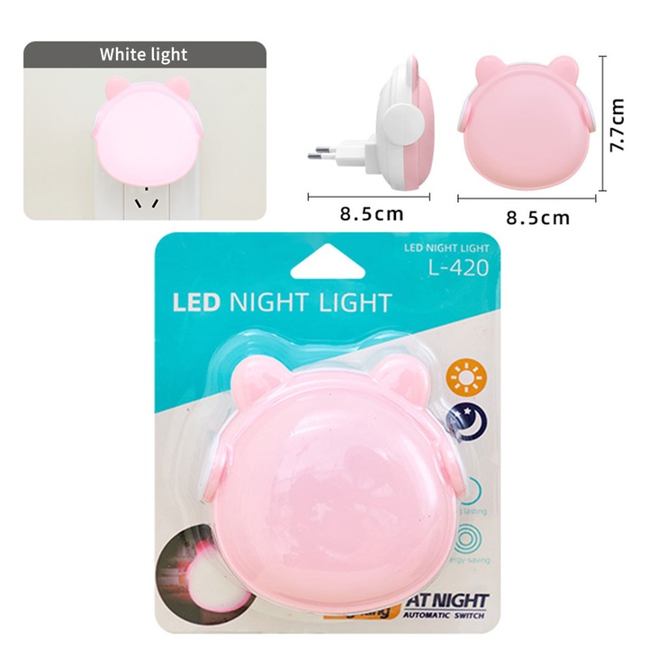 Lampa de veghe LED cu senzor automat – design dragut cu urechi de ursulet, roz, lumina alba calda, economie de energie, 8.5x8.5x7.7cm