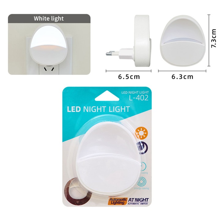 Lampa de veghe LED cu senzor automat - design urechi de iepuras alb, lumina alba calda, decor copil, economie de energie (6.3x6.5x7.3cm)