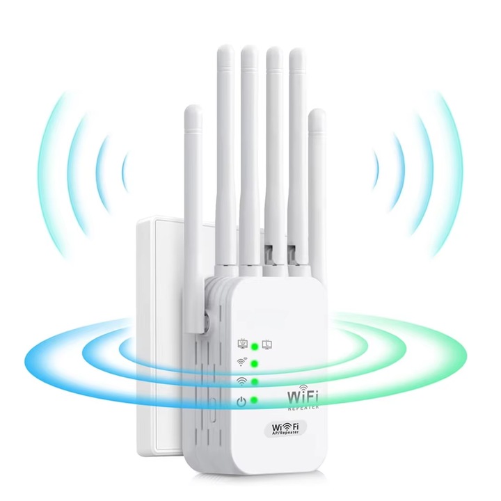 Adaptor Wireless Extender, Amplificator de Semnal WiFi cu 6 Antene de Inalta Castig, 2.4 GHz, 300 Mbps, 3 Mode de Functionare, Protectie a Securitatii Retelei
