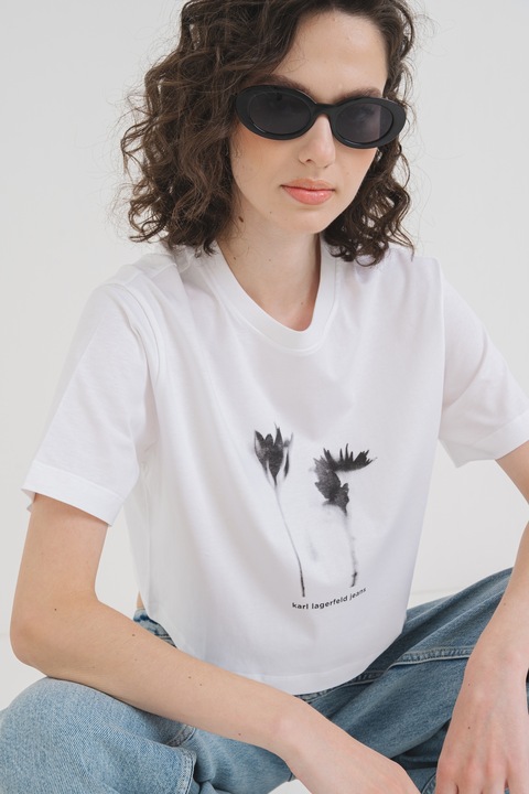 KARL LAGERFELD JEANS, Tricou crop din bumbac organic, Alb/Negru